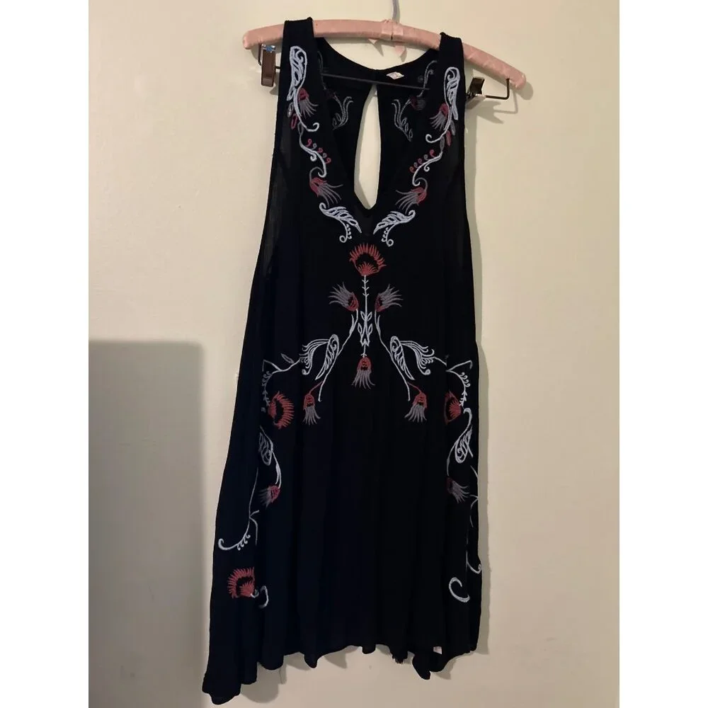 Intimately Free People Black Embroidered Boho Tassel Tunic Dress Sleeveless Keyh - Picture 1 of 16